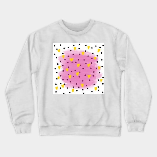 Abstract yellow hearts in blue watercolour brushes and black dots around Crewneck Sweatshirt by bigmoments
